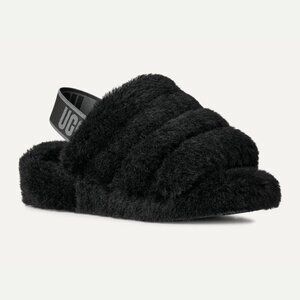 UGG Women’s Fluff Yeah Sheepskin Open Toe Slipper Slide in Black/White, size 9